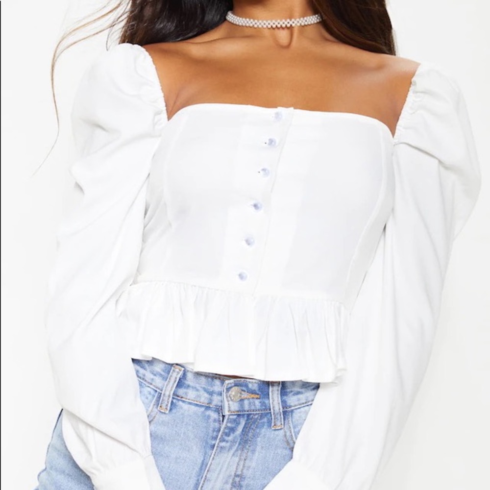 White Cropped Frill Hem Square Neck Puff Sleeve Blouse